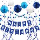 Blue Birthday Decorations - Navy Blue Happy Birthday Banner with 6 Honeycomb Balls, 6 Metallic Hanging Swirls and Circle Dot Garland Decroations for Men Boys Birthday Party Decorations