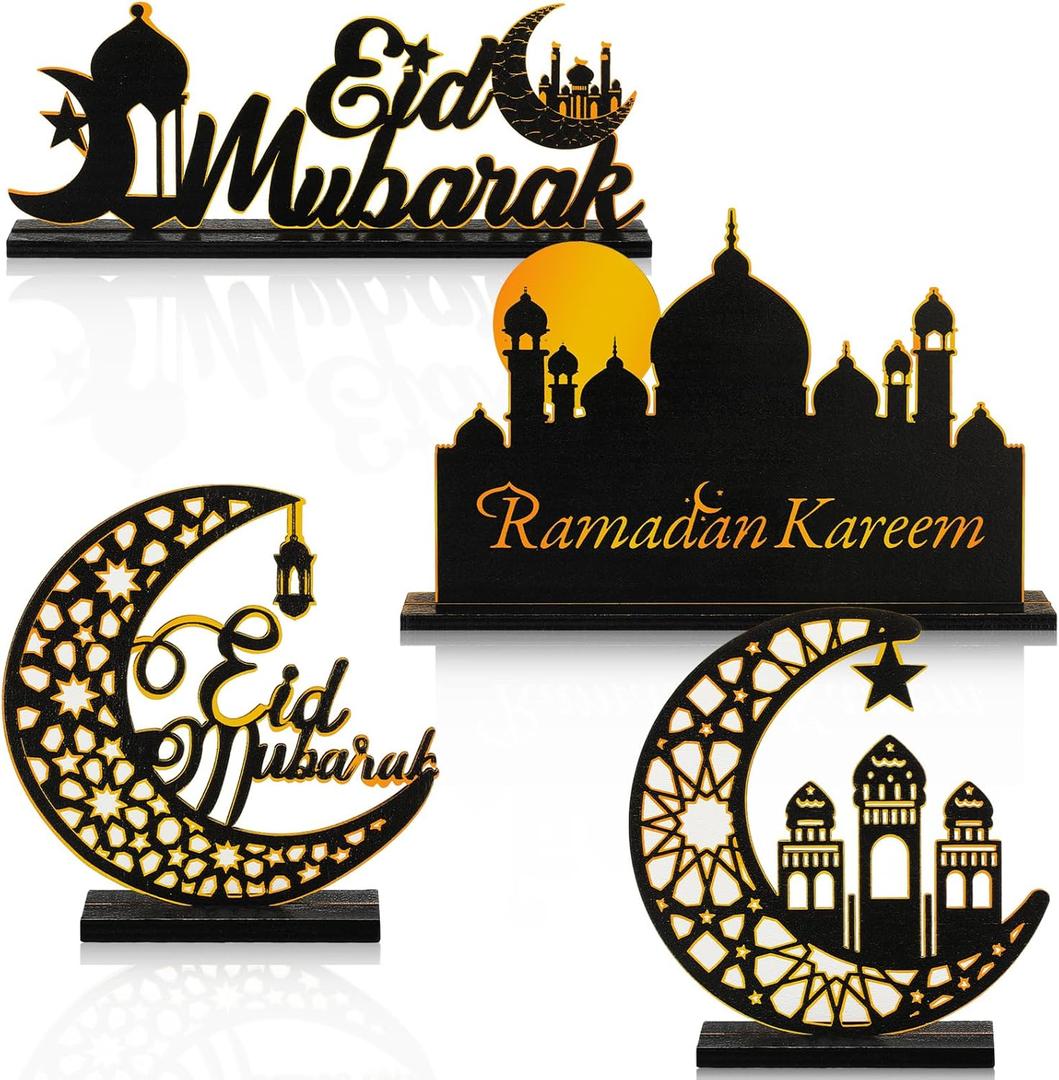 GlikCeil 4 Pcs Eid Al Adha Wooden Table Centerpieces Moon and Star Ramadan Wood Sign Eid Mubarak Tabletop Decor Islamic Mosque Muslim Al Fitr Black Gold Detachable Tiered Tray Decor for Home