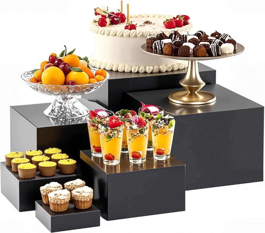 ihomecooker Metal Buffet Risers,6PCS Food Risers for Buffet Table 5in to 10in Display Stand for Catering Dessert Matte black Cube Boxes Nesting Risers with Hollow Bottoms