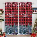 Christmas Curtains for Living Room, Tartan Striped Christmas Tree Curtain, Rod Pocket Top Window Drapes Decorations for Bedroom and Home Decor, 52W x 63L