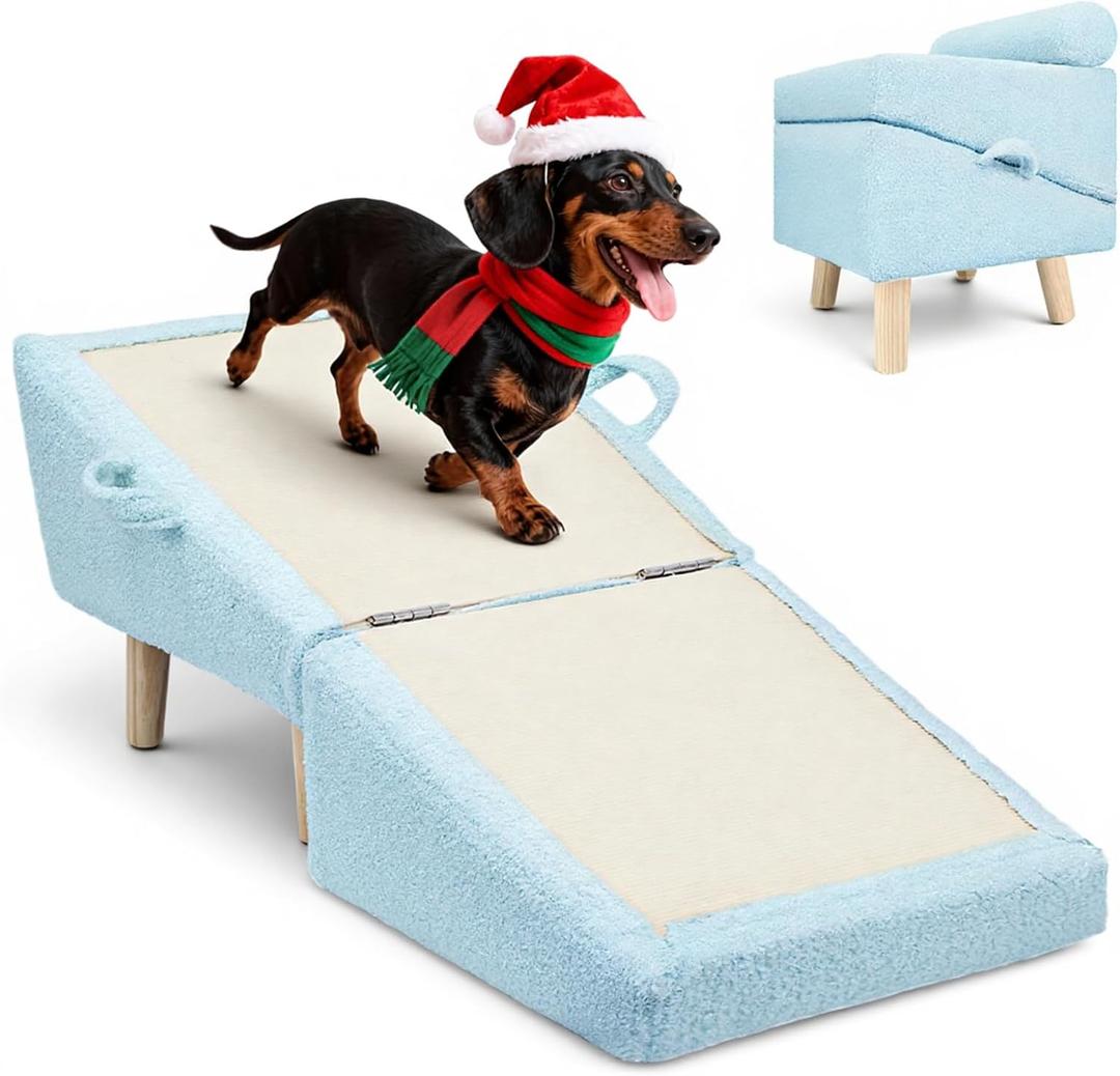 Dog Ramp for Small Dogs and Cats – 2-in-1 Dog Ramp for Couch and Low Bed, 16.5'' Foldable Wooden Pet Ramp, Sturdy Multi-Use Split Ottoman Design, Light Blue