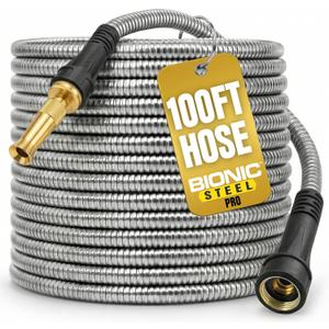 Bionic Steel PRO 100 Ft Garden Hose with Nozzle, Premium 304 Stainless Steel Metal Water Hose 100Ft Flexible Hose, Rust Proof, Lightweight, Heavy Duty, Crush Resistant Fittings, 500 PSI, 2025 Model