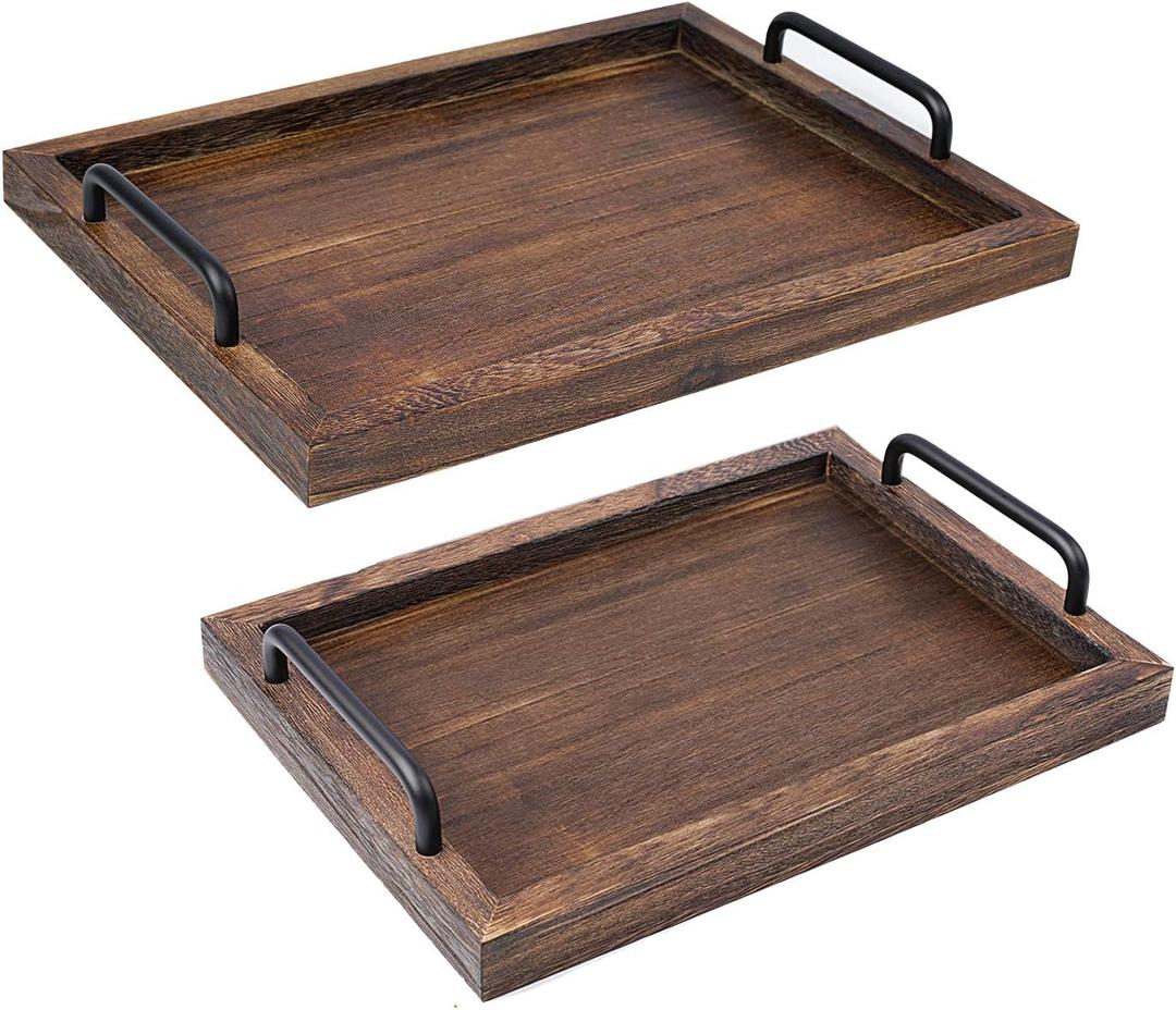 LIBWYS Rustic Wooden Serving Trays with Handle-Set of 2-Decorative Nesting Food Board Platters for Breakfast, Coffee Table/Butler (Large 15.8x11.8x1.2 inches, Small 13.4x9.4 x1.2 inches)