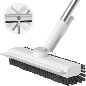 Floor Scrub Brush with Long Handle, 3 in 1 Scrape and Heavy-Duty Stiff Bristle Scrubber Brush for Cleaning Shower Bathroom, Patio, Pool, Garage, Kitchen, Wall and Deck (White, 1 Pack)