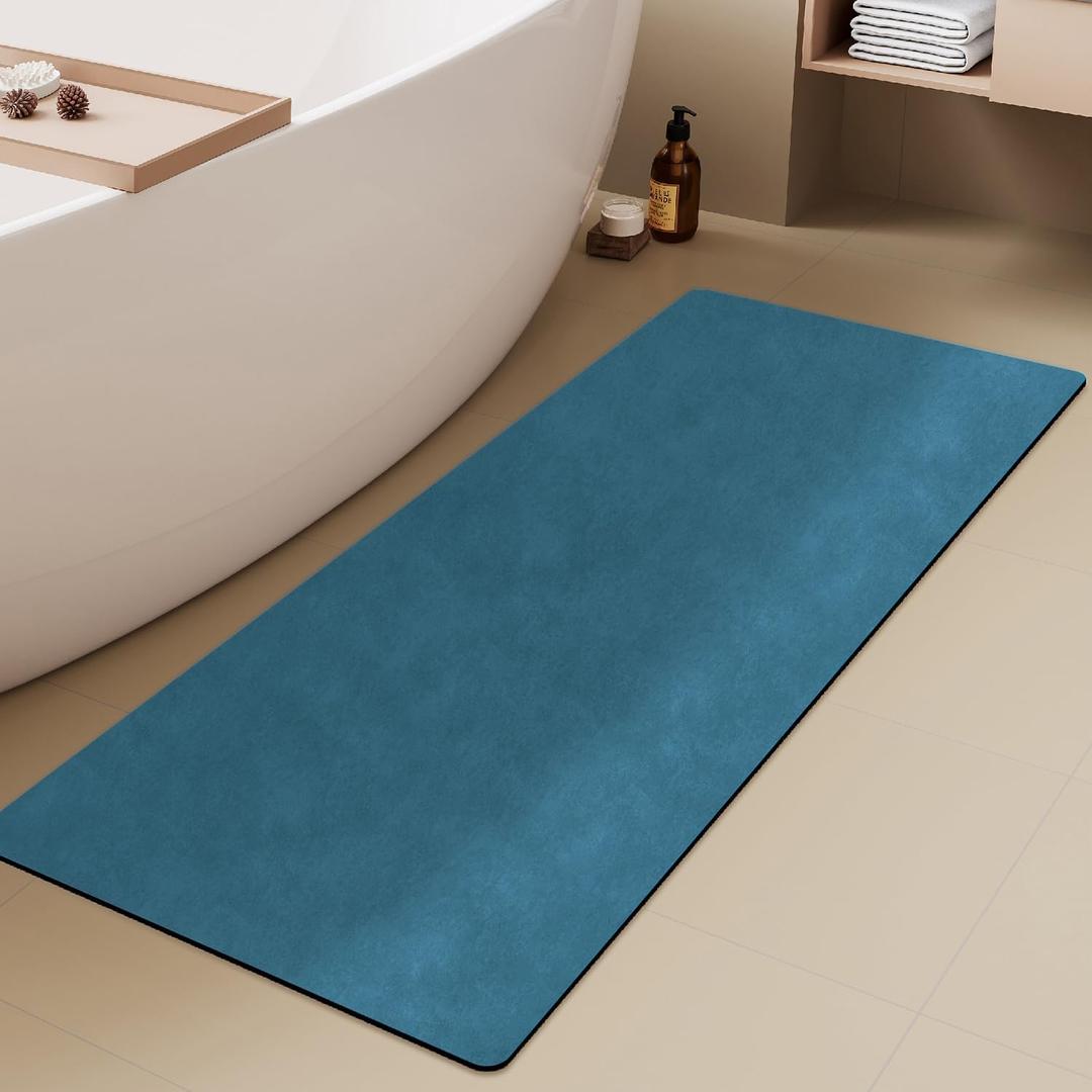 TYUU Bathroom Mat Quick Dry, Bathroom Rugs Non Slip Washable Thin Absorbent Bath Mat Fits Under Door Bathroom Floor Mat Perfect for Bath, Shower, or Sink 24"x70" Denim Blue