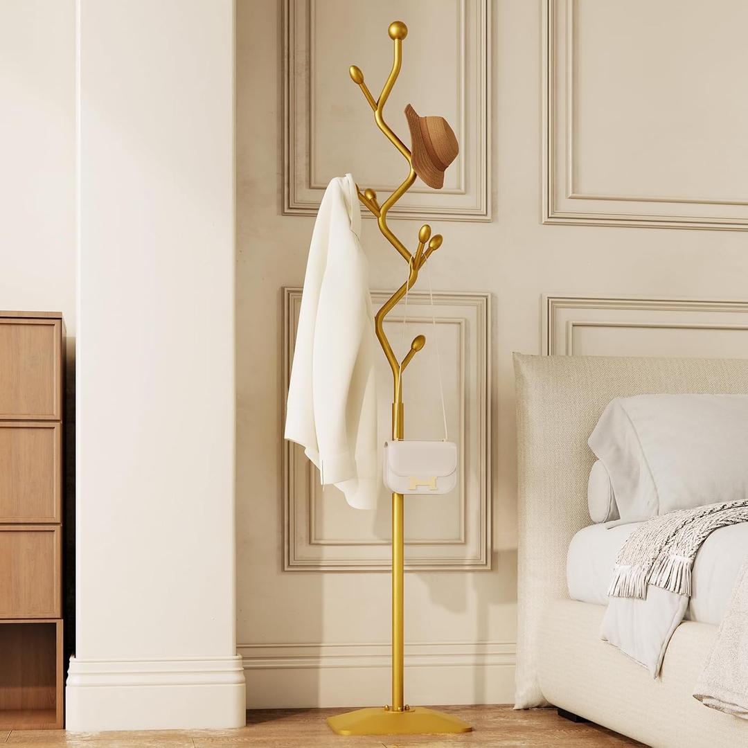 Tree-shaped coat rack stand, Metal coat tree with 8 Hooks and sturdy cast iron base, Heavy Duty coat rack freestanding coat hanger stand for Clothes Hats Scarfs Purses (gold)