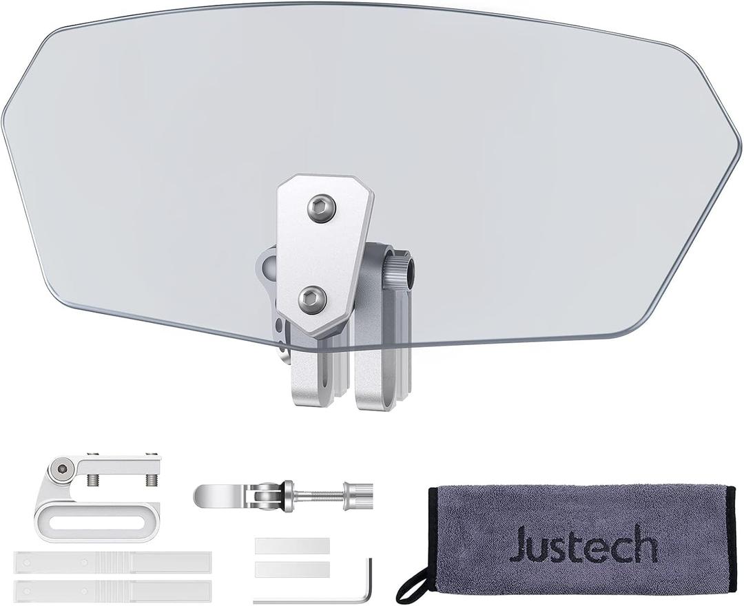 Justech Universal Motorcycle Windshield, Motorbike Windscreen Adjustable Clip On Windshield Extension Spoiler Wind Air Deflector Universal Fit for Motorcycles, Scooters-Smoke, Silver Bracket