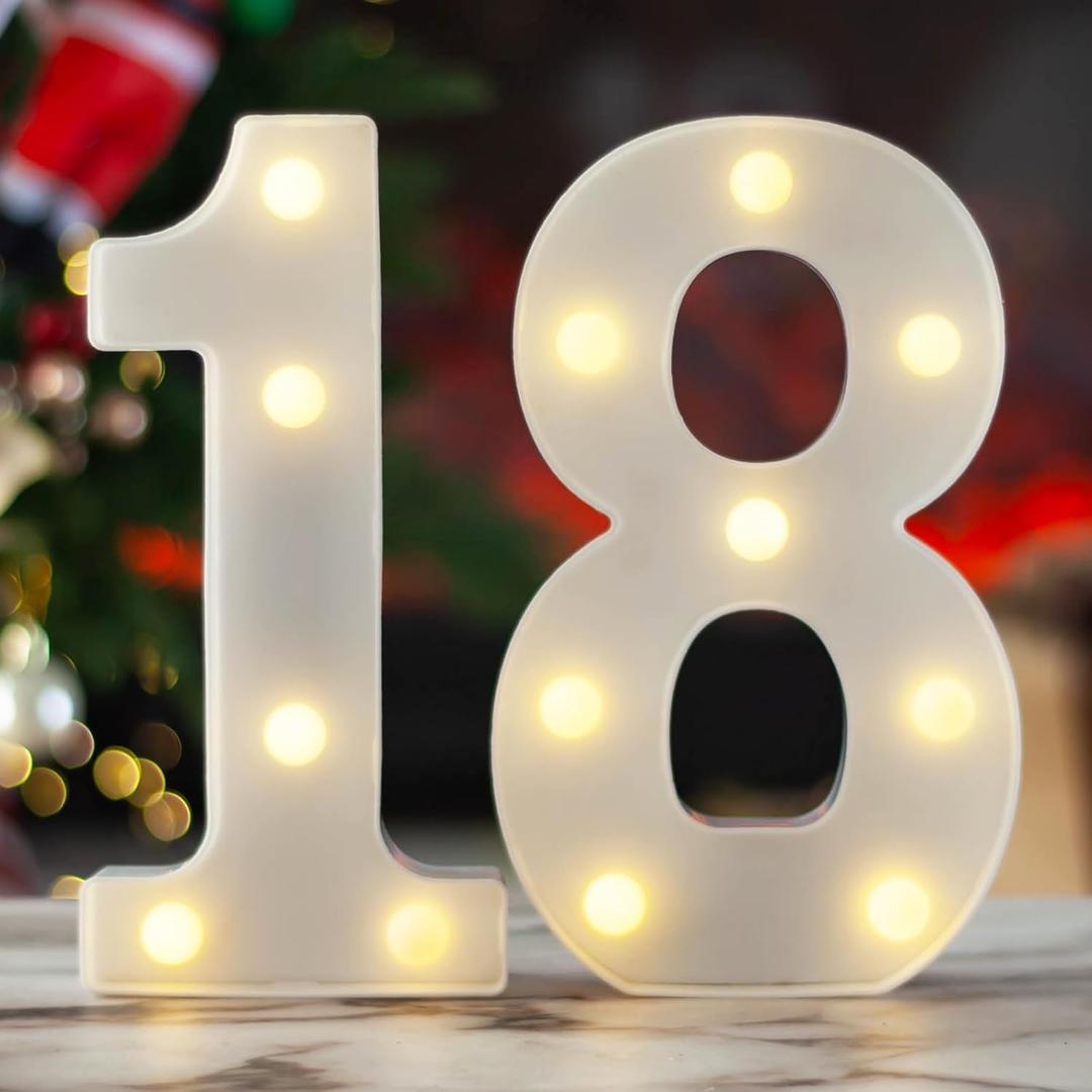 LED Marquee Letter Lights, Decorative Light Up Numbers for 18th Birthday Party, Battery Operated, Warm White Small Marquee 18 Sign for Anniversary Decorations