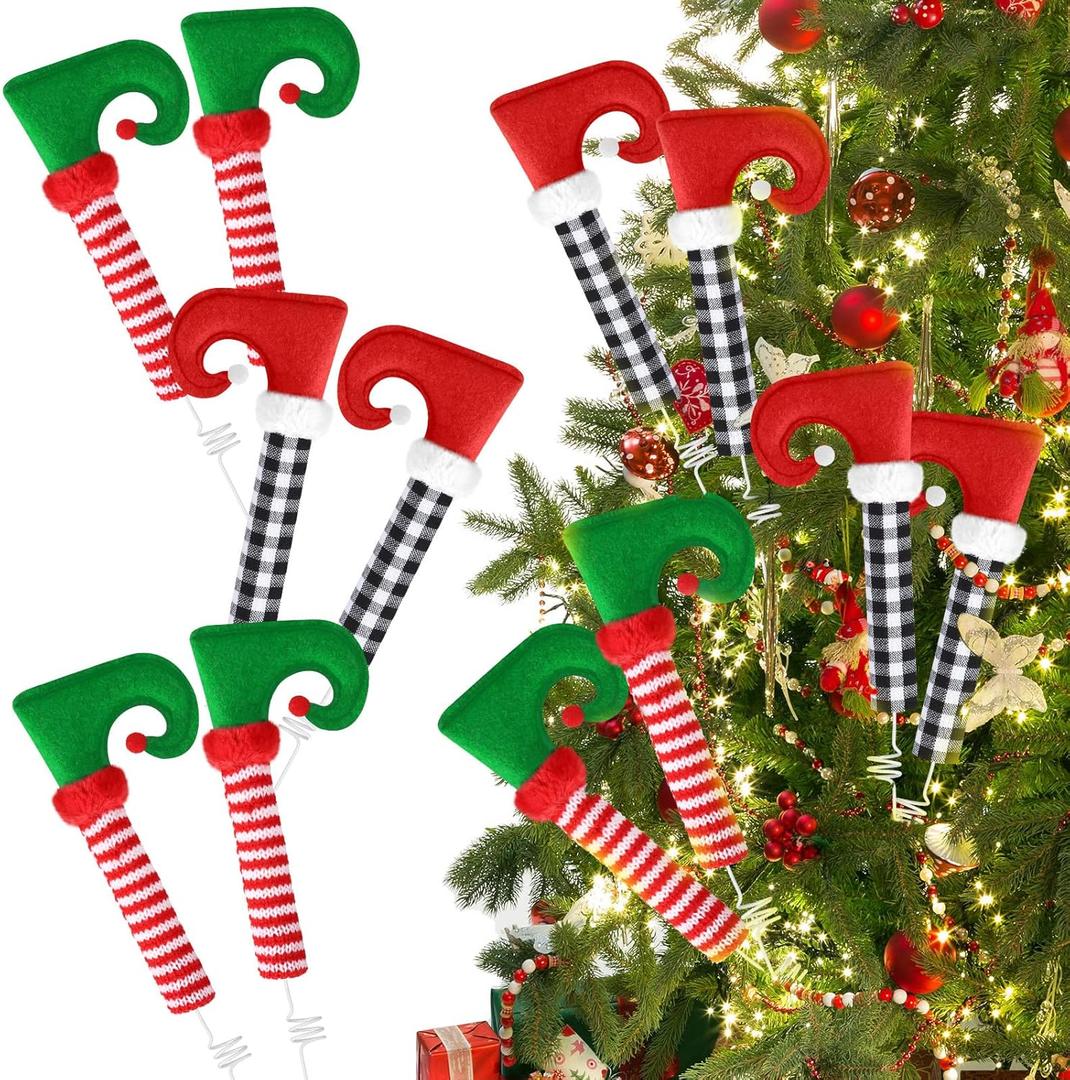 Aoriher 6 Pairs 18 Inch Elf Legs Christmas Tree Decorations Stuffed Elf Feet Picks Ornaments Christmas Tree Topper with Fixed Wire for Xmas Holiday Decor(Red Green, Black White Plaid)