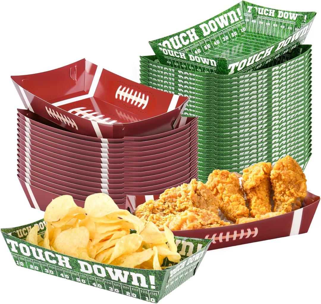 50 PCS Football Party Supplies Decorations, LongYeah Disposable Paper Food Trays Football Plates Bowls Nacho Serving Boats for Football Birthday Party Favors Game Day Table Decor