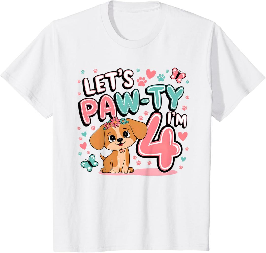 Let's Paw-ty 4th Birthday Girl Dog Puppy Lover T-Shirt, 3T