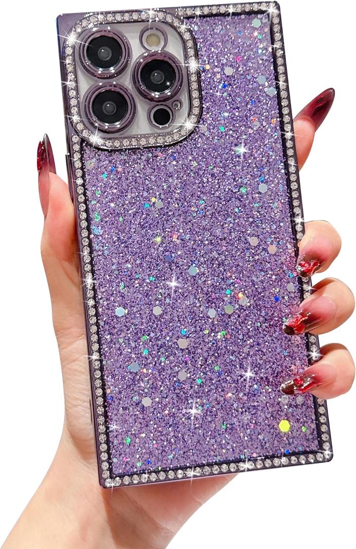 Owncase for iPhone 14 Pro Max Case Glitter, Crystal Diamonds Shiny Bling Sparkly Electroplated Edge Shockproof Soft TPU Bumper Phone Case for Women Girls, Purple