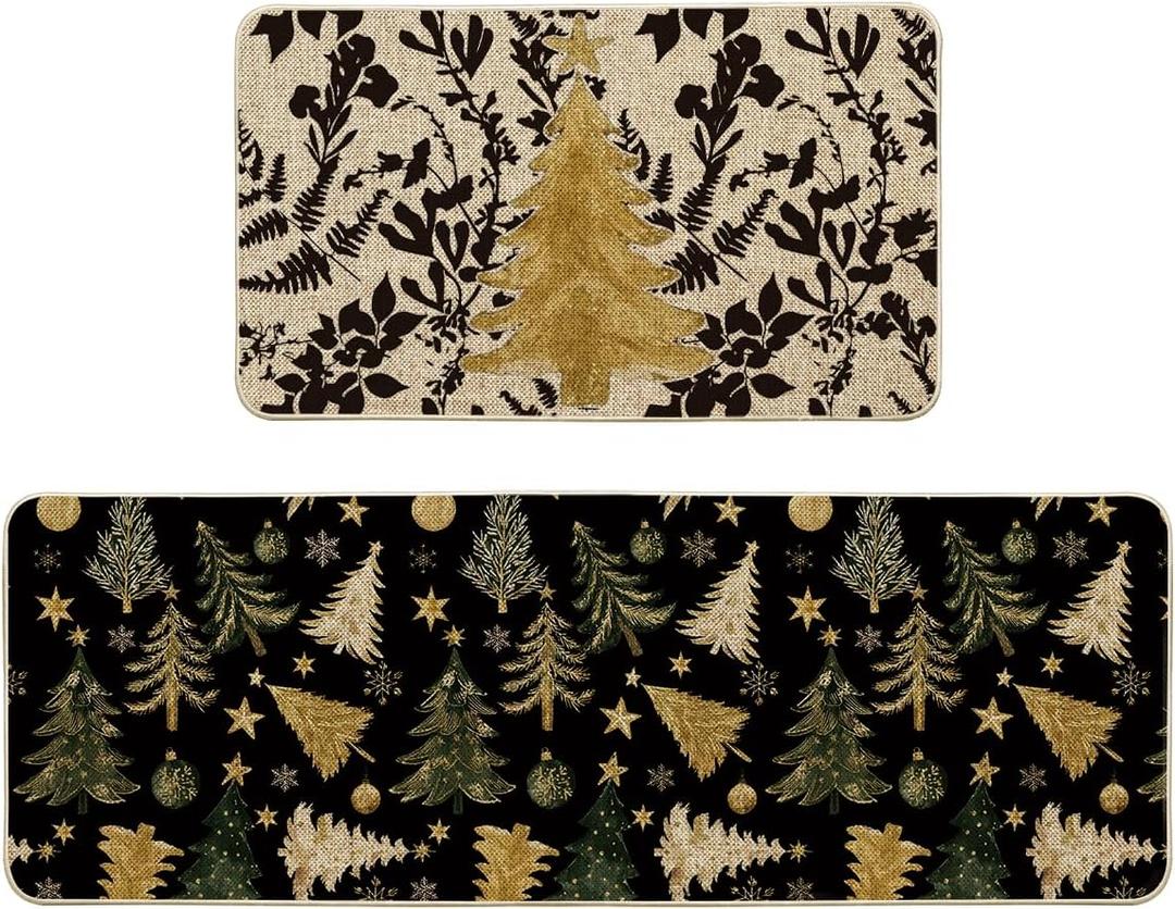 Artoid Mode Golden Xmas Tree Ornament Christmas Kitchen Mats Set of 2, Winter Low-Profile Home Decor Kitchen Rugs for Floor - 17x29 and 17x47 Inch