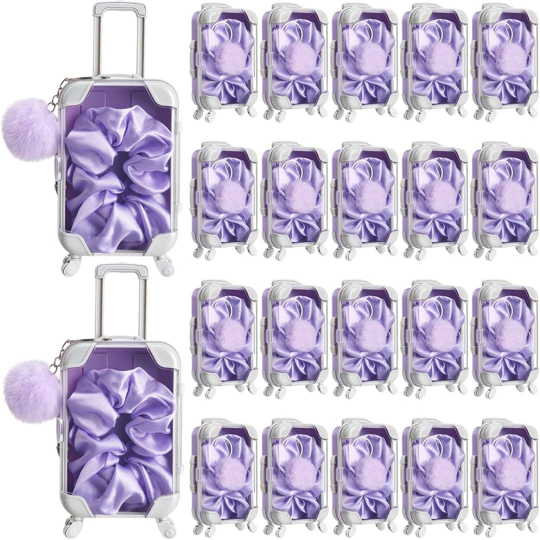 LemonRoad 60 Pcs Mini Empty Suitcase Storage Box with Plush Ball Keychain and Scrunchies for Baby Shower Bride Shower Clear Candy Luggage Containers Packaging Case (Purple)