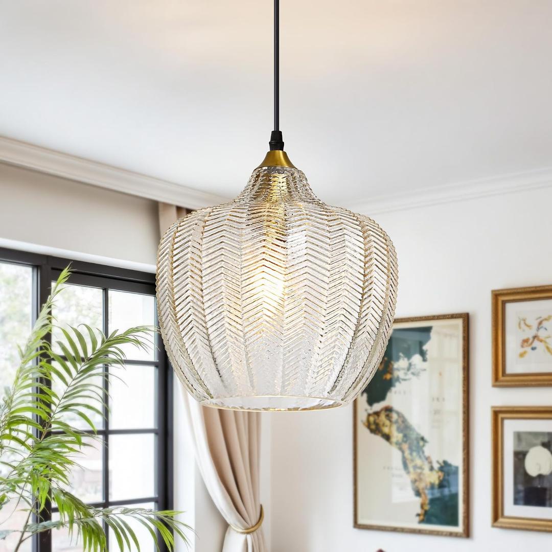 Clear Glass Pendant Lights Kitchen Island Gold Hanging Ceiling Light 9.45" 1 Pack, Adjustable height, Dimmable, E26 bulbs, Rust-resistant Damp Rated For Bathrooms, 5-Year, UL Certification