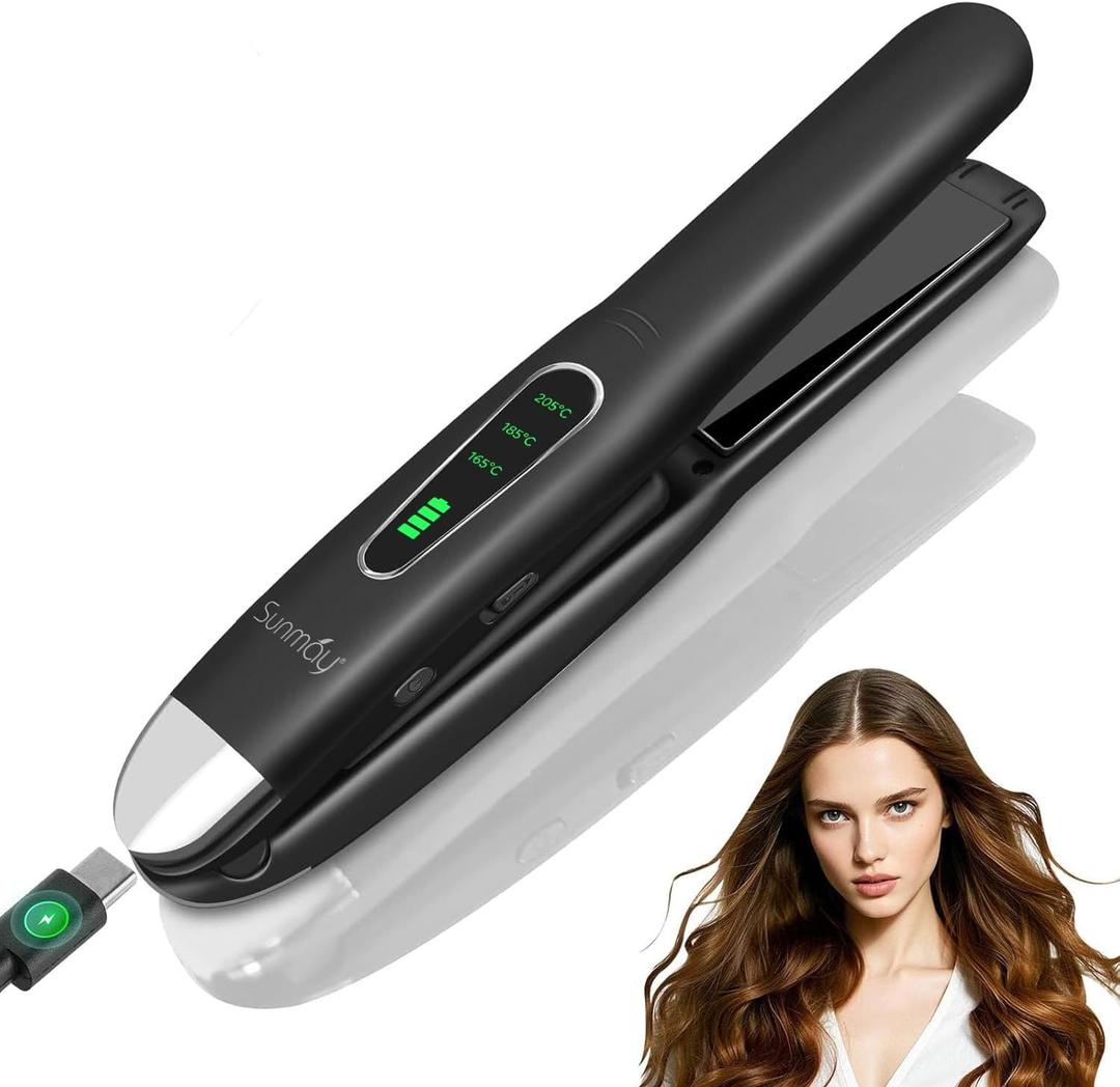 SUNMAY Cordless Hair Straightener, 0.85 Inch Titanium Portable Hair Straightener for Travel, Cordless Mini Flat Iron Hair Straighteners and Curlers 2 in 1, Dual Voltage, On-The-Go & 20S Fast Heat Up (Black)