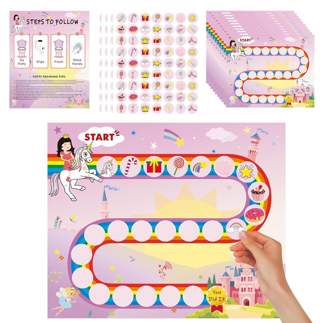 Potty Training Chart for Girls - 15PCS Reward Chart with Sticker for Toddlers Kids Baby Boys, Cute Horse Unicorn Princess Theme Fun Potties Trained Going Toilet Success Stickers (Pink Purple)