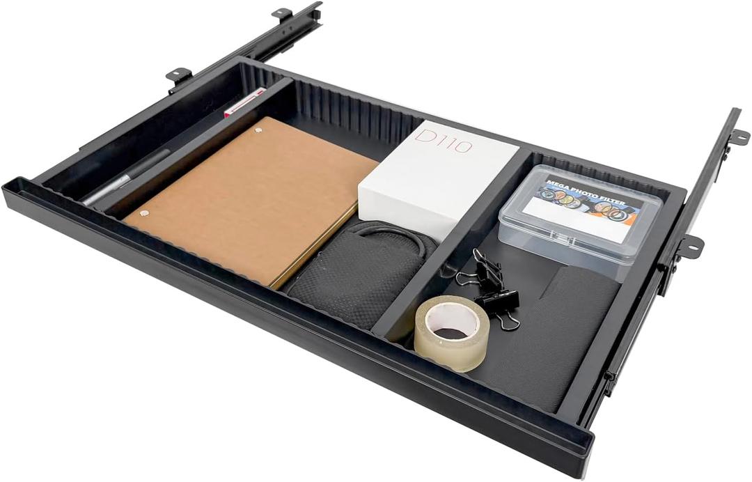 Under Desk Drawer Storage, Black With Adjustable Space Divider, Hidden Slide Out Drawer Tray, Waterproof Office Sit Stand Desk Caddy for Pencil Storage