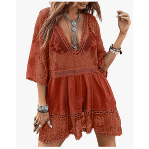 Eomenie Women's Contrast Lace Bathing Suit Cover Up V-Neck Swimsuit Coverups Loose Swimwear Beach Dress Beachwear One Size