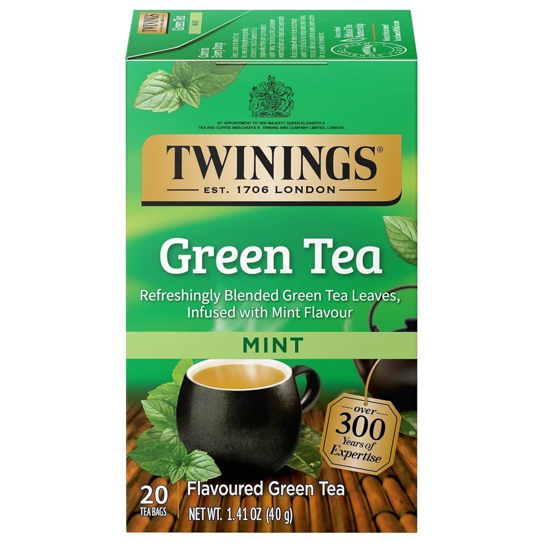 Twinings Green Tea with Mint Individually Wrapped Bags, 20 Count (Pack of 2), Invigorating Aroma, Caffeinated, Enjoy Hot or Iced, 20 Teabags