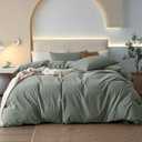 JIYUAN 100% Washed Cotton Duvet Cover Set 3 Pieces Queen, 1 Duvet Cover 90x90 Inches(Comforter Not Included) and 2 Pillowcases,Linen Feel Bedding Set Comfy and Breathable, Heathered Green