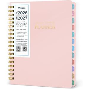 2 x Vinspire 2026 Planner - Yearly, Monthly, and Weekly Planner 2026-2027 for Teachers & Students - Spiral US Academic Year Student Calendar Planners with Notes Pages 2026 Planner Weekly and Monthly - Large (Pink, 8.5"11")