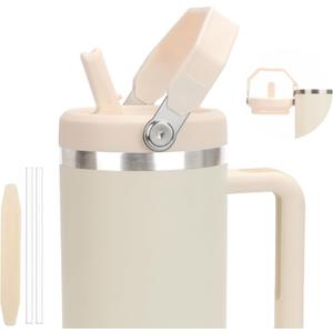 40oz Lid for Stanley Cup, Flip Straw Leak Proof Lids Replacement with Handle for 40oz Stanley Quencher and ProTour, No Spill Lids Reusable Removable Replacement Accessories for StanleyCup, (Lvory*1)