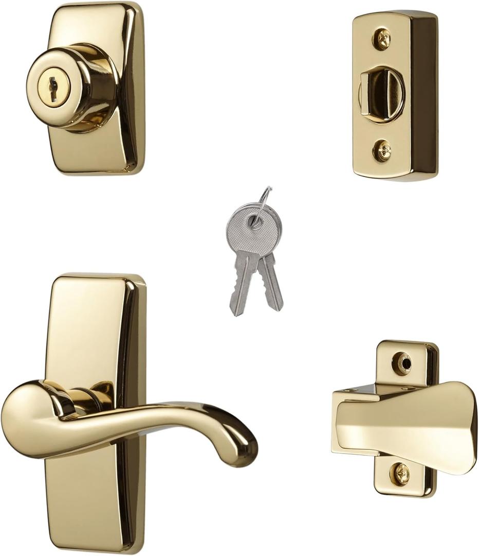 Ideal Security GL Door Lever Set with Keyed Deadbolt Lock for Storm and Screen Doors, Bright Brass (4-Piece Set)