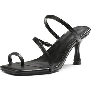 Uacllcau Black Women's Casual Kitten Heel Square Toe Slingback Heeled Sandals (7)