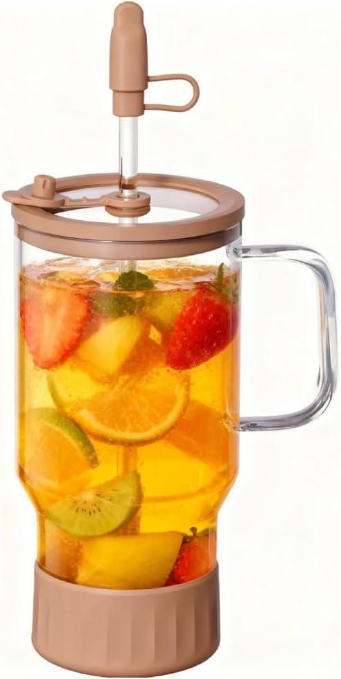 32 oz Plastic-free Borosilicate Glass Tumbler with Stainless Steel Straw and Tempered Glass Lid, Reusable Coffee Cup with Handle, Large Glass Travel Mug (Dune Rose)
