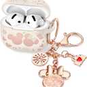 (with Cute Keychain) Girovo Compatible with Apple Airpods 4 Case 2024 Women, Soft Silicone Two-Tone Funny Cartoon Engraved Portable 360 Full Protection Anti-Scratch Airpod 4 Case Starlight/Pink