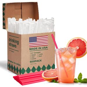 Glotoch Express 500 PCS Individually Wrapped Red Plastic Straws, 7.75'' Long, 0.24'' Diameter Disposable Drinking Straws for Every Occasion, Party, Made in USA