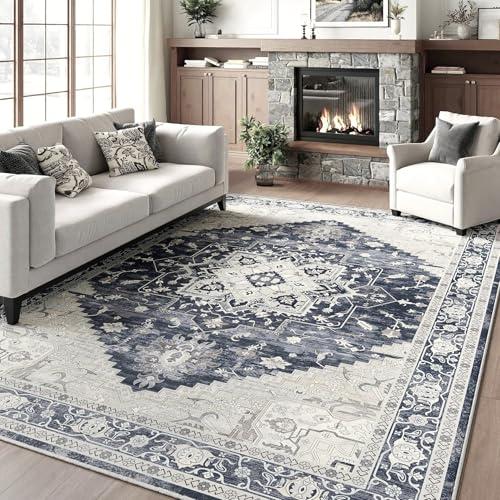 ARKIIKI 6x9 Washable Area Rug for Living Room, Non-Slip Soft Boho Vintage Medallion Carpet, Low Pile Distressed Rugs for Bedroom, Dining Room, Home Office, Dorm, Indoor Decor, Navy Blue