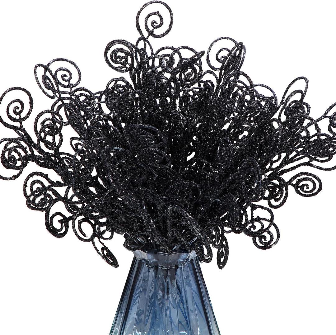 Ysleen 50 Pcs Glitter Tree Picks and Sprays Twigs Artificial Curly Stem Picks Ornaments 12 Inch Branches Sticks for Wreath Vase Fillers Gift Decoration(Black)