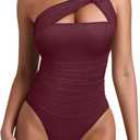 REORIA Womens Sexy One Shoulder Asymmetrical Tank Top Leopard Print Mesh Ruched Sleeveless Backless Trendy Going Out Thong Bodysuits Tops Burgundy Small