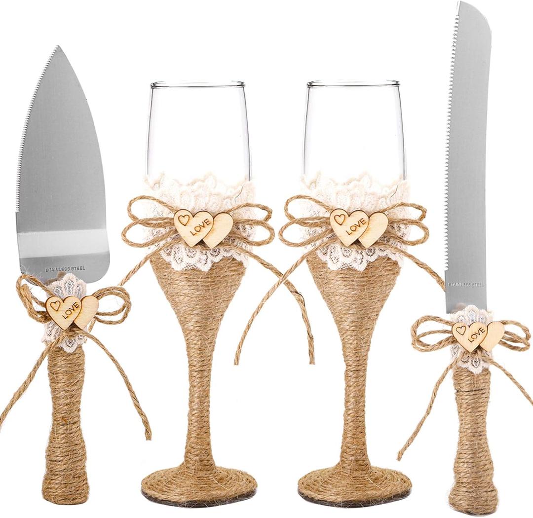 WUWEOT Cake Knife and Server Set with Champagne Glasses, Rustic Wedding Supplies with Jute Handles and Wood Heart for Wedding, Birthdays, Anniversaries, Parties, Rustic Bride Groom Gifts
