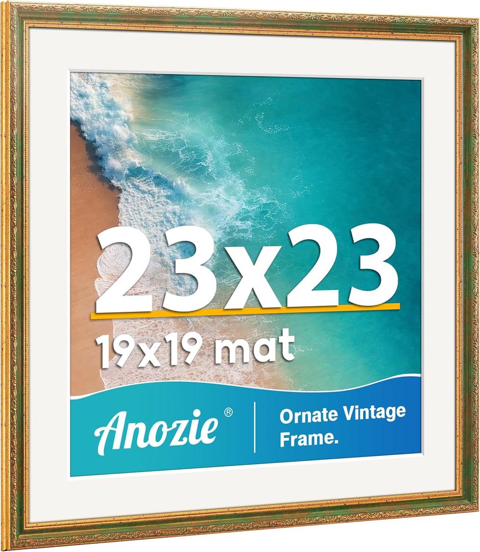 Vintage 23x23 Frame, Antique Gold Photo Frames with Plexiglass Front,Ornate Square 23x23 Picture Frame Display 19x19 with Mat or 23 x 23 Frame Without, Wall Décor,1 Pack,Green