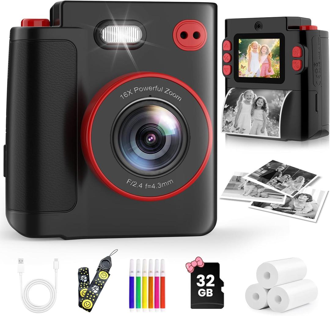 Instant Print Camera for Kids - Classic Black Digital Camera for 3-12 Year Olds, 1080P HD with 32GB SD Card, Selfie Mode & Durable Design, Ideal Christmas Birthday Gift, Portable Travel Toy
