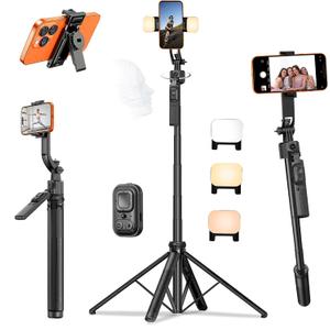 63" Tripod for iPhone with Light Remote, Detachable Phone Holder, Auto Face Tracking Tripod for Travel, Lightweight Selfie Stick Tripod for Video Recording, Compatible with Phone/Action Camera