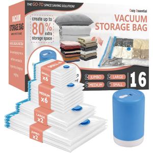 Vacuum Storage Bags with Electric Pump, 16 Pack (2 Jumbo/2 Large/6 Medium/6 Small) Vacuum Seal Space Saver Bags for Clothing, Pillows, Blanket, Bedding, Comforters (16 Combo-E)