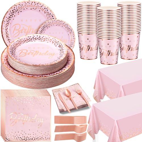 352 Pcs Pink and Rose Gold Birthday Party Supplies Severs 50 Guests Paper Plates Cups Napkins, Plastic Tablecloths Forks Knives Spoons Pink Disposable Dinnerware Set for Baby Shower Birthday Wedding