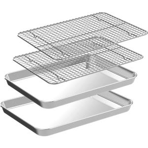 Quarter Sheet Pan with Cooling Rack Set [2 Baking Sheets + 2 Baking Racks], CEKEE Stainless Steel Cookie Sheets for Baking and Wire Rack - Rust & Warp Resistant & Nonstick, Size 12 x 9.8 x 1 Inch