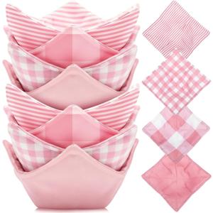 8 Pcs Microwave Bowl Cozy Holders  Valentine's Day Pink Plaid Stripe Polyester Reusable Hot Pads Soup Bowl Potholders Heat Resistant Grip, Housewarming Kitchen Gift for Hot Food Plates
