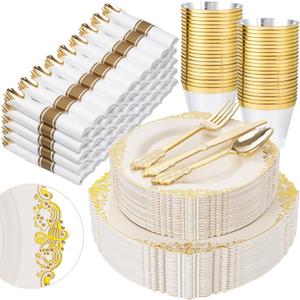Nervure 350PCS Ivory Plastic Plates - Ivory Gold Plastic Dinnerware Sets for 50 Guests - 100 Gold Disposable Plates, 50 Pre Rolled Silverware Sets, 50 Cups Perfect for Wedding & Thanksgiving