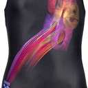 ARENA Feel Girls' Parrot V Back Swimsuit Waterfeel Fabric Comfortable Sporty Stretchy One Piece Suit Pool or Beach (26, Black/Dark Lavanda)
