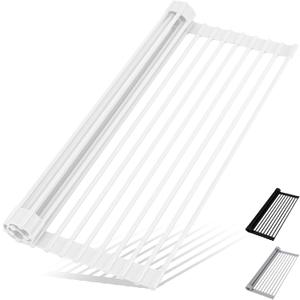 Roll Up Dish Drying Rack Over The Sink Kitchen Roll Up Sink Drying Rack Multipurpose Foldable Sink Drying Mat, Heat-Resistant, Anti-Slip & Anti-Rust Dish Rack for Kitchen, 20.5" x 13", White