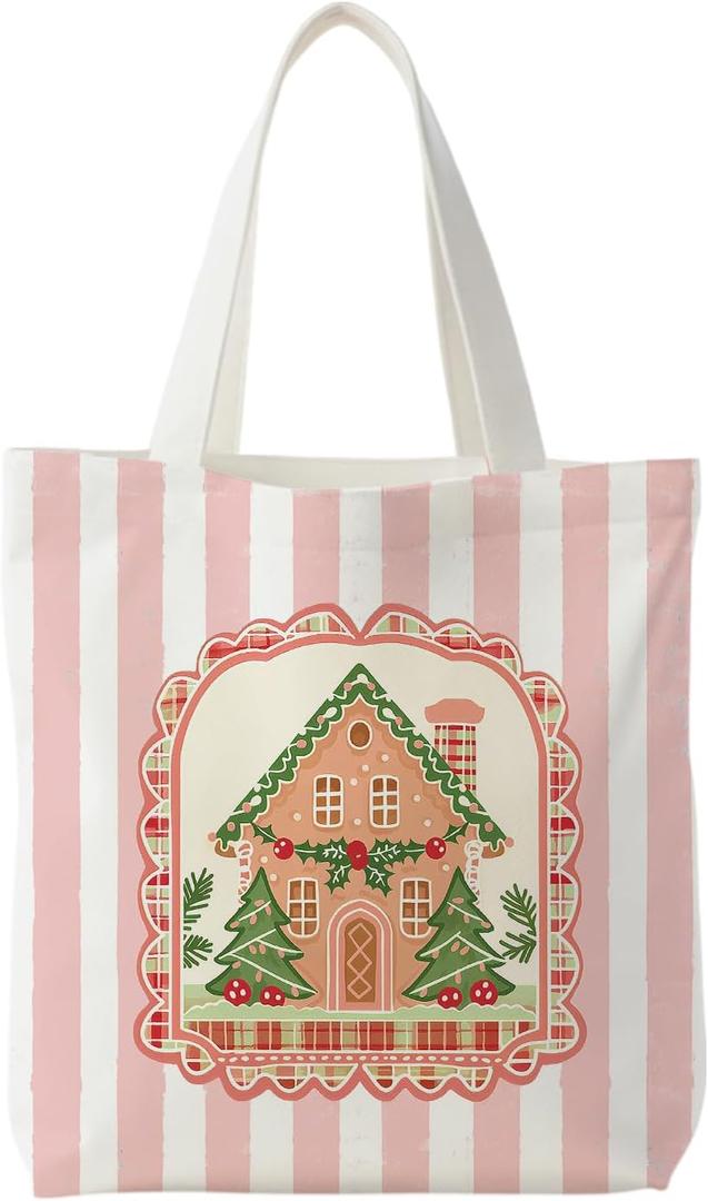 KEUSPI Christmas Tree Gingerbread House Tote Bag for Women, Preppy Christmas Canvas Tote Bag, Pink and White Striped Xmas Ginger Bread Reusable Shopping Grocery Bags