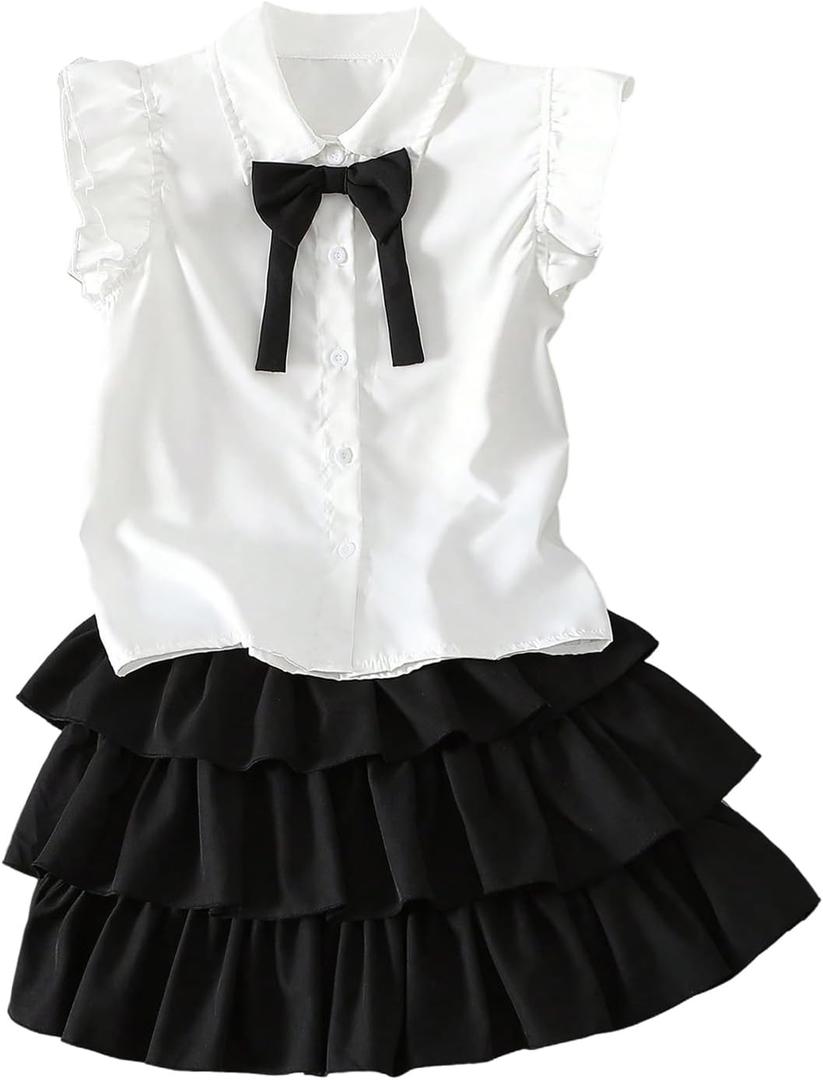 Girl's 2 Piece Preppy Summer Outfits Ruffle Bowknot Button Down Blouse and Layered Skirt Clothing Set, 10y