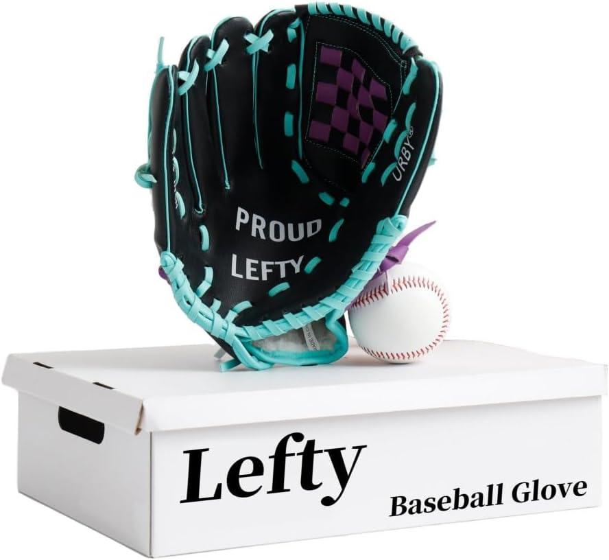 Urby Left Handed Baseball Glove, Left Handed T Ball Glove for Lefty, Left Hand Throw Only. T-Ball & Youth Baseball Gloves. (10.5in Age 4-7, Black & Purple)