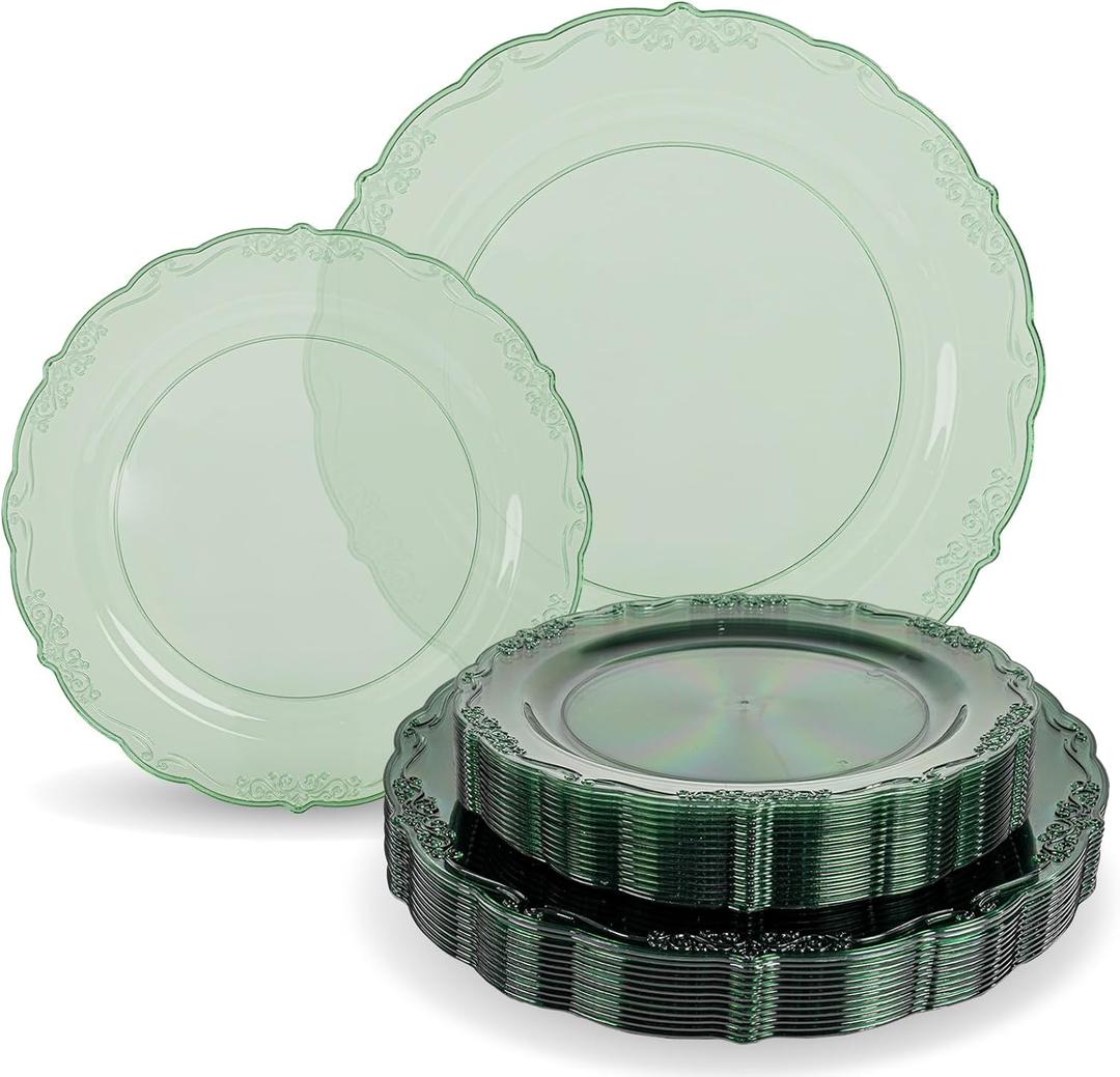 Tinybee 60PCS Clear Green Plastic Plates - Green Plates Disposable Heavy Duty - Disposable Plastic Plate for Party, Weddings Including Including 30 Dinner Plates 10 '' & 30 Dessert Plates 7.5 ''